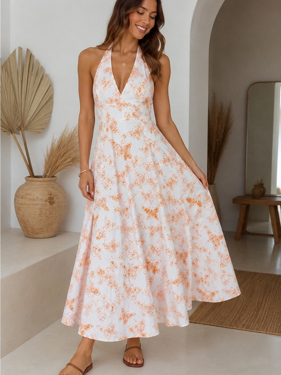 Together Dresses & Skirts - Together Butterfly Print Halter Maxi Dress White Orange Boho Cottagecore